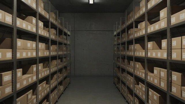 Explore the depths of a vast storage facility filled with countless sealed boxes in an industrial warehouse setting