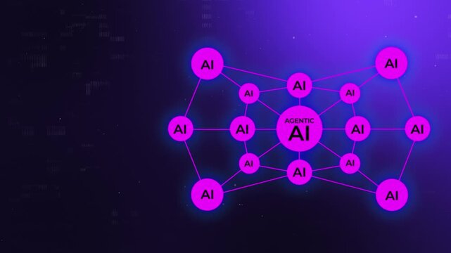 4K Purple Tech Agentic AI Background. Glowing Multi-Agent System Nodes with Central AI Agent Orchestrator and Neon Neural Mesh.