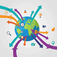 Fototapeta premium Global travel and tourism concept with arrows pointing to Earth, icons of travel and navigation.