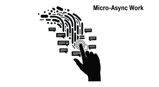 Hand touches a digital interface initiating micro asynchronous work data flow on a.