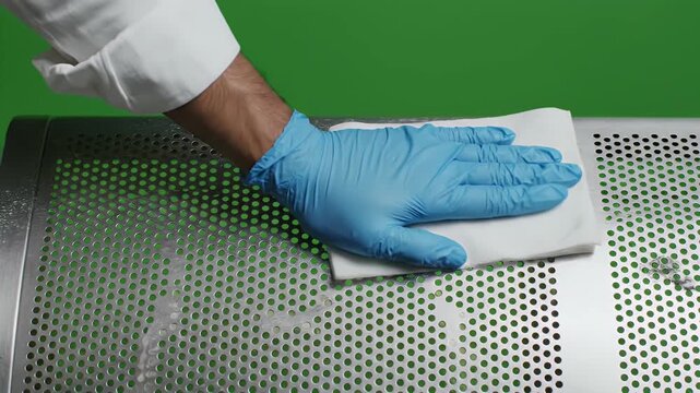 Hand in Blue Glove Wipes Down Perforated Metal Surface Surrounded by Animated Coronaviruses on Green Screen Background