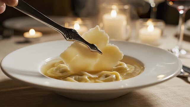 Handcrafted Aged Parmigiano Reggiano Tortellini in Brodo Served in White Bowl with Ladle Cozy Candlelit Dinner Ambiance