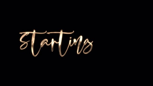 Elegant Gold Script Starting Soon Text on Black Background for Live Streams and Events.