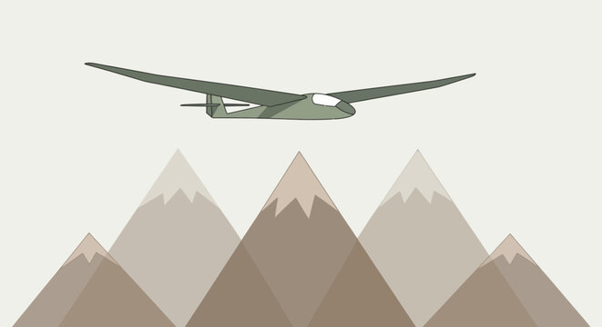 A glider soars above mountain peaks in a minimalist illustration with muted colors