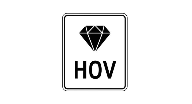 A white rectangular sign with a black diamond graphic over "HOV" in bold font