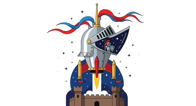 Knight's helmet with a rocket blasting off from a castle, surrounded by stars