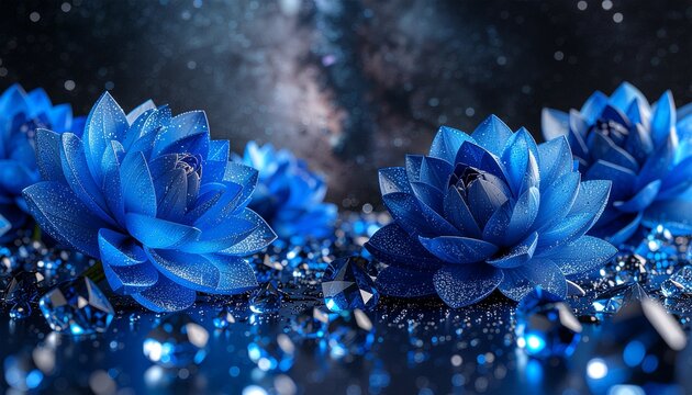 ラグジュアリーな化粧品広告や夜のイベント告知に深みを与える、青い蓮と宝石が輝く神秘的な背景。