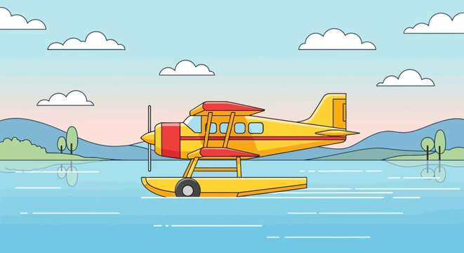 A yellow and red seaplane floats on water with land and clouds in the background