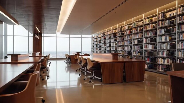 Modern library interior with wooden tables and floor-to-ceiling windows offering city view illuminated ceiling panels