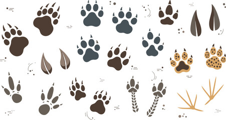 Fototapeta premium Animal paw prints and tracks collection set including bird mammals and wildlife footprint icons for nature and tracking design projects.