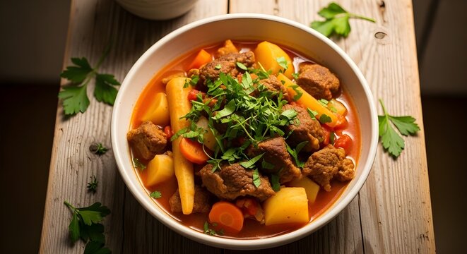 Cuenco de estofado de ternera, gastos generales, fondo de madera, perejil.
 Fotograf&iacute;a de recetas de comida.