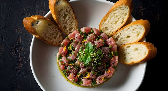 Tartar de salm&oacute;n en un plato con rebanadas de pan integral fotografiadas horizontalmente sobre un fondo de piedra negra que deja espacio para texto o im&aacute;genes.
 Bandera creativa.
 Imagen de espacio de