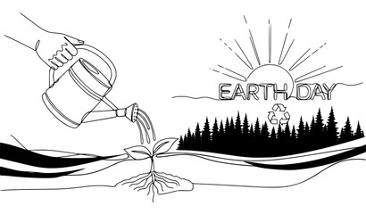 Naklejka premium A vector graphic illustration of a hand watering a plant on Earth Day