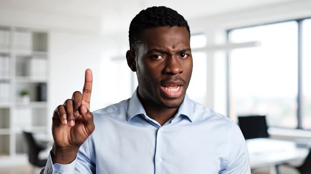 Man in light blue shirt raising index finger in office
