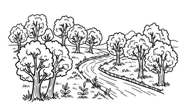 Winding river forest landscape doodle sketch hand drawn nature vector illustration