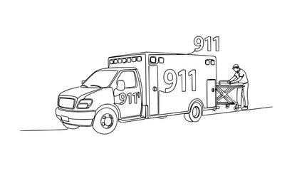 A vector graphic illustration of an ambulance with a paramedic and stretcher © MdShakib