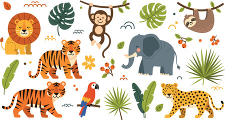 Fototapeta premium Jungle Animal Collection Featuring Lion, Tiger, Elephant, Monkey, Sloth, Leopard, and Parrot with Tropical Leaves in Cartoon Flat Vector Style for Kids Design Projects.