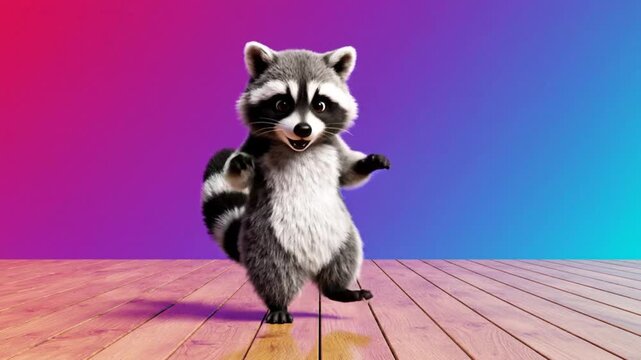 Cute animated raccoon character dancing and waving on a wooden floor with a vibrant pink and blue gradient background lively motion