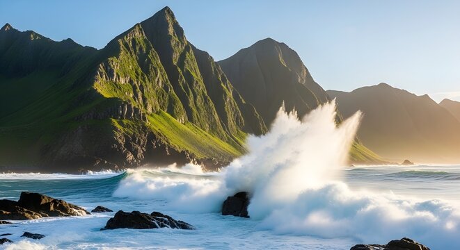 Olas majestuosas rompen contra la costa con exuberantes monta&ntilde;as verdes al fondo, que encarnan el poder y la belleza de la naturaleza.
 Imagen de IA generativa