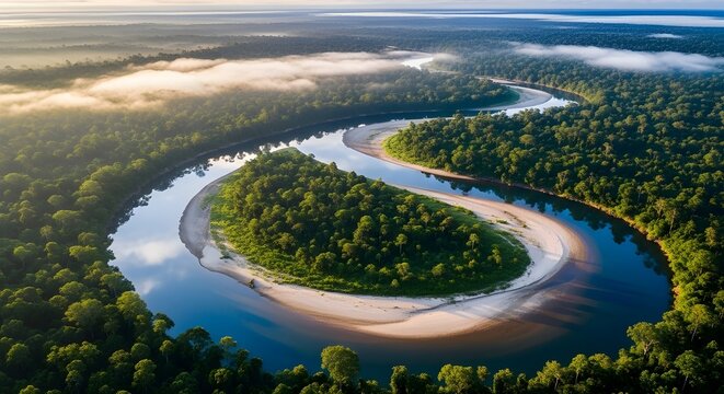 Un gran r&iacute;o serpentea a trav&eacute;s de una exuberante selva tropical