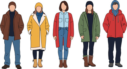 Winter people characters set, men and women in warm clothes, coats jackets hats, casual fashion flat vector illustration © Mojahid