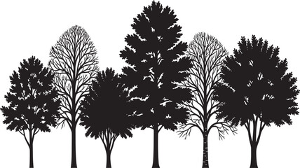 Fototapeta premium Collection of diverse trees in black silhouette against white background
