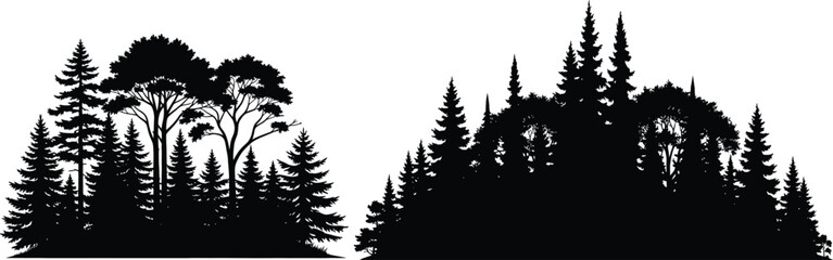 Obraz premium Black silhouette of two groups of evergreen trees on white background