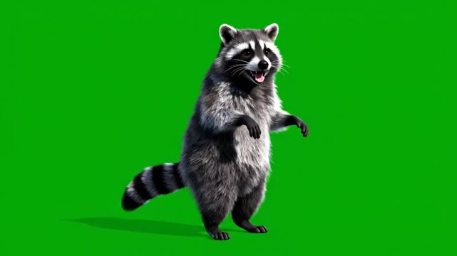 Cute raccoon standing on hind legs on a vibrant green background with shadow playful animation natural fur cute wildlife animal