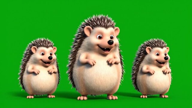 Three cute cartoon hedgehogs dancing and moving happily on green screen background, joyful animation and playful characters