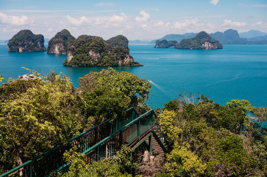 View from Hong Island 360 viewpoint over limestone islands, Krabi