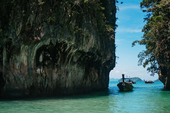 Longtail boats entering Hong Lagoon, Thale Nai, Koh Hong, Krabi