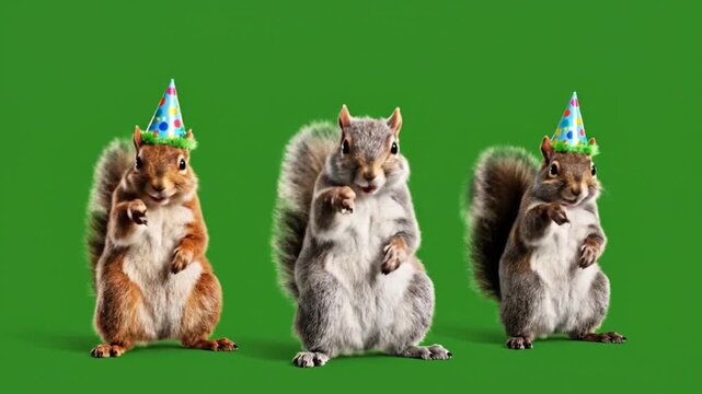 Three happy squirrels dancing and celebrating with party hat on green background motion footage
