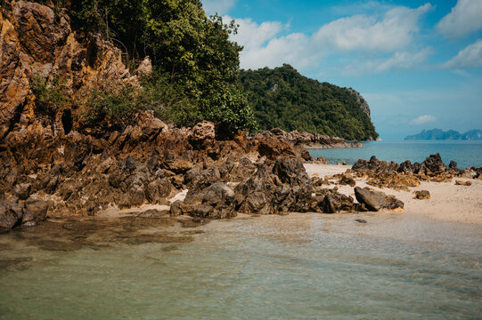 Rocky tropical shoreline at Pak Bia Island, Hong Islands, Krabi