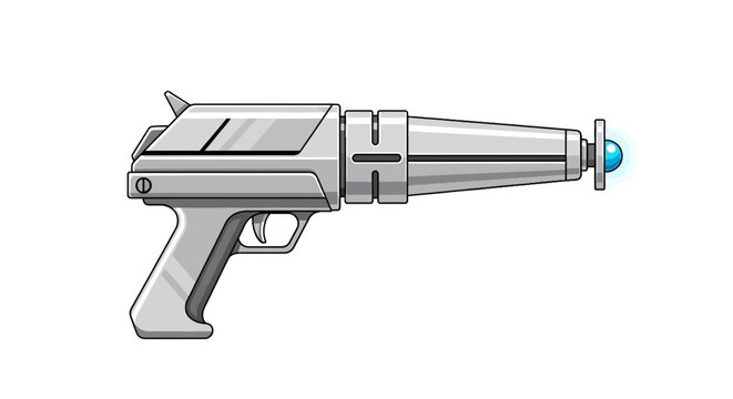 A futuristic silver ray gun with a trigger, grip, and glowing blue energy emitter
