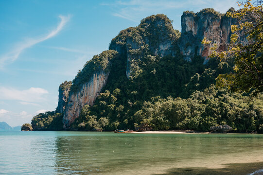 Limestone cliffs and sandbar at Pak Bia Island, Hong Islands, Krabi