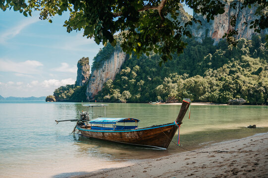Traditional longtail boat at Pak Bia Island beach, Hong Islands, Krabi