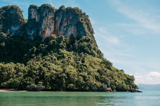 Limestone cliff coastline at Pak Bia Island, Hong Islands, Krabi