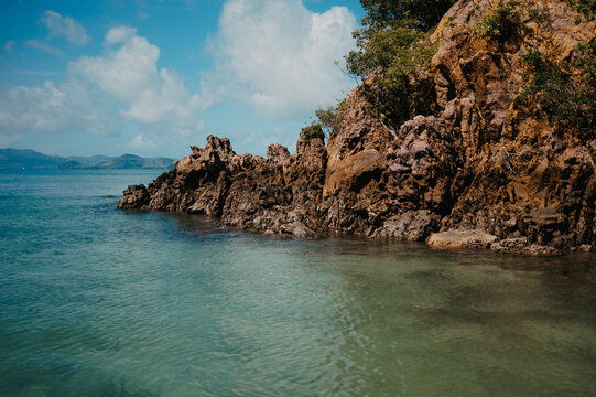 Rocky limestone coast at Pak Bia Island, Hong Islands, Krabi, Thailand