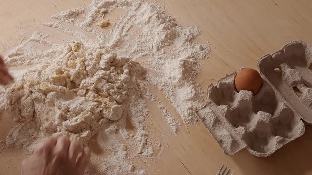 Top view of a Romagna cook kneading fresh cappelletti dough by hand on a wooden table. Traditional Italian pasta-making using simple ingredients and artisanal technique.