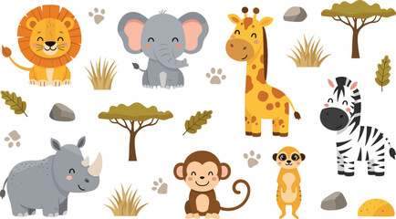 Fototapeta premium Cute Safari Animal Collection Featuring Lion, Elephant, Giraffe, Zebra, Monkey, Rhino, and Meerkat with Savanna Elements in Cartoon Flat Vector Style for Kids Design.