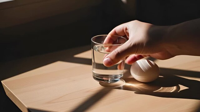 Woman hand placing glass of water next to easter egg on wooden table. Minimalist interior decoration for easter dinner. Elegant quiet luxury spring festivity.