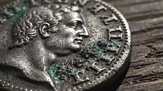 Ancient Roman silver coin with intricate emperor's profile and green patina, representing historical value and antique craftsmanship, detailed video footage.