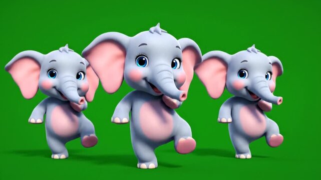 Three cute cartoon elephants dancing joyfully on a green screen background, animated characters in a rhythmic sequence for children's content