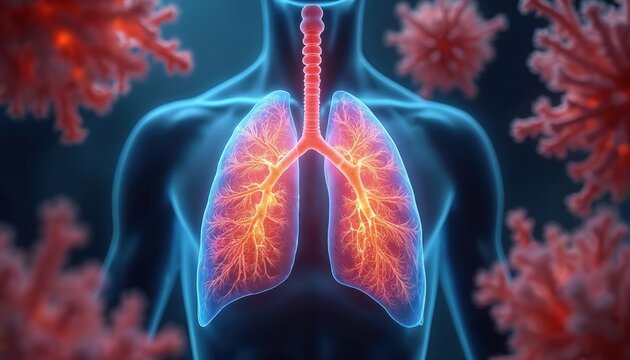 Human lungs anatomy glowing red with viral particles surrounding. Respiratory system infection illustration for medical education and health awareness on disease.