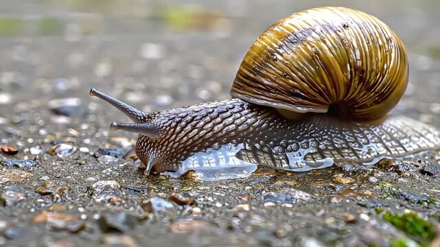 Garden snail moving slowly across wet stone pavement in this detailed close up macro video clip showing natural movement patterns