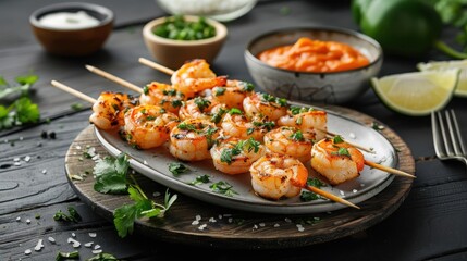 Grilled shrimp skewers marinated in mango chili sauce, served with jasmine rice.