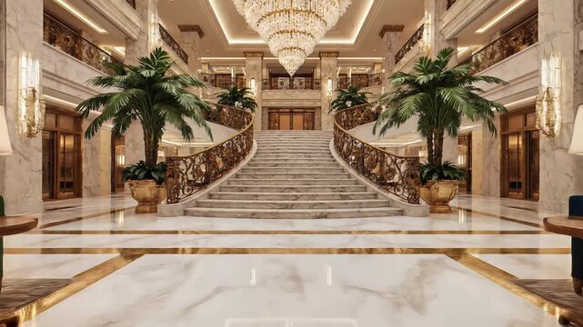 Opulent hotel lobby featuring grand staircase crystal chandelier lush plants and elegant seating arrangements; classic interior design