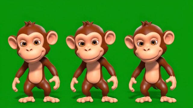 Three animated cartoon monkeys dancing playfully in cheerful synchronicity against a vibrant green screen background, joyful jungle animation