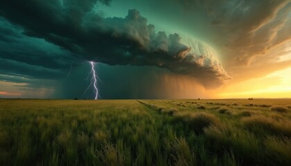 Fototapeta premium Massive storm rumbles over golden plains at sunset with lightning strike. Dramatic dark clouds swirl above green field, heavy rain falls on horizon, epic weather.
