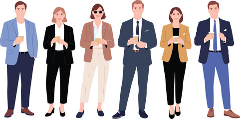 Obraz premium Group of professional business men and women holding coffee cups standing in stylish smart casual office attire
